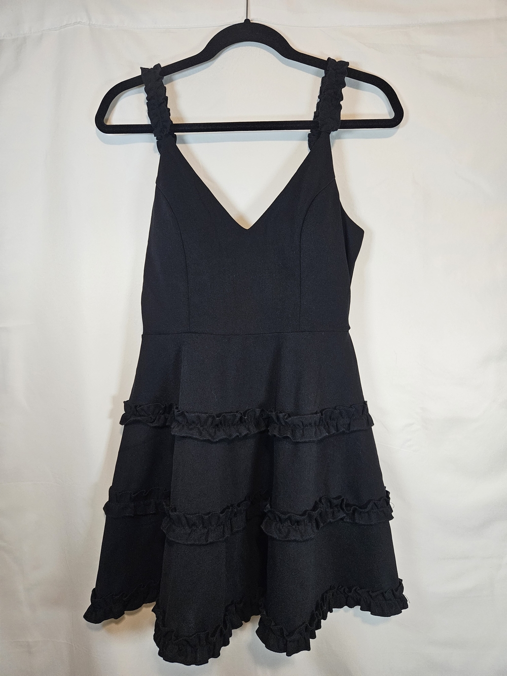 Trixxi Black Ruffle Tiered Midi Dress with V-Neck Cocktail Party